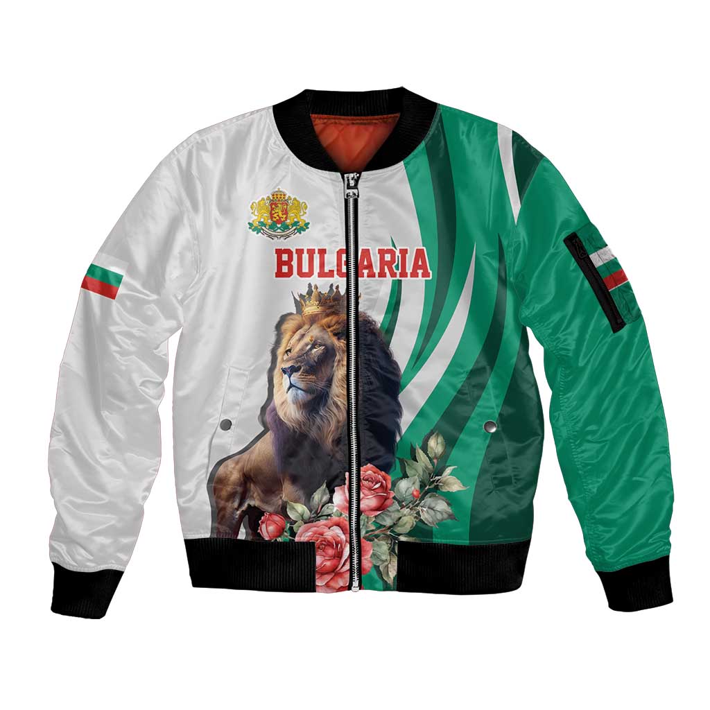Personalized Bulgaria Coat of Arms Sleeve Zip Bomber Jacket A Crowned Golden Lion with Rose