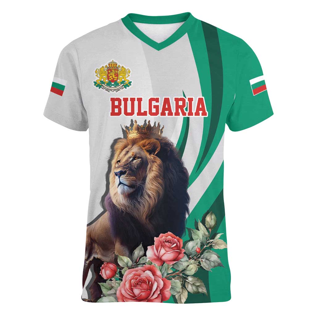 Personalized Bulgaria Coat of Arms Women V-Neck T-Shirt A Crowned Golden Lion with Rose