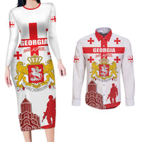Personalized Georgia National Unity Day Couples Matching Long Sleeve Bodycon Dress and Long Sleeve Button Shirt 9th April with Coat of Arms and Flag