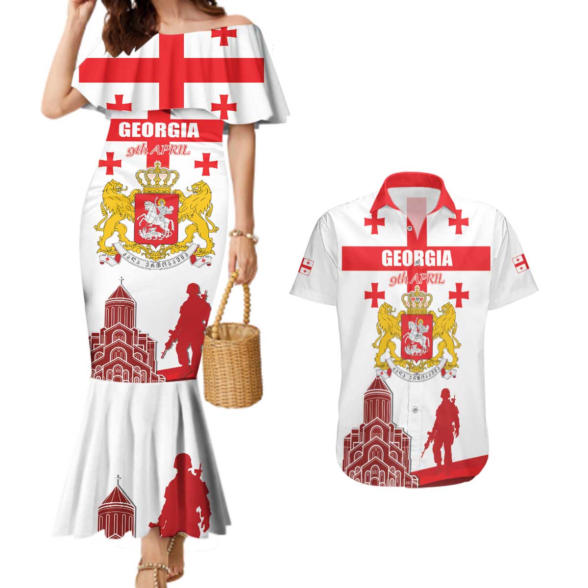 Personalized Georgia National Unity Day Couples Matching Mermaid Dress and Hawaiian Shirt 9th April with Coat of Arms and Flag
