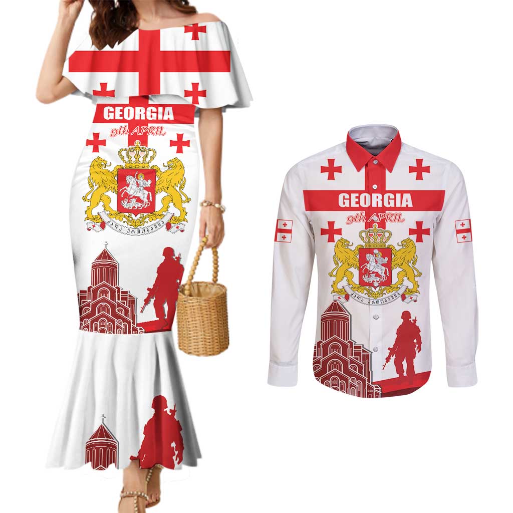 Personalized Georgia National Unity Day Couples Matching Mermaid Dress and Long Sleeve Button Shirt 9th April with Coat of Arms and Flag