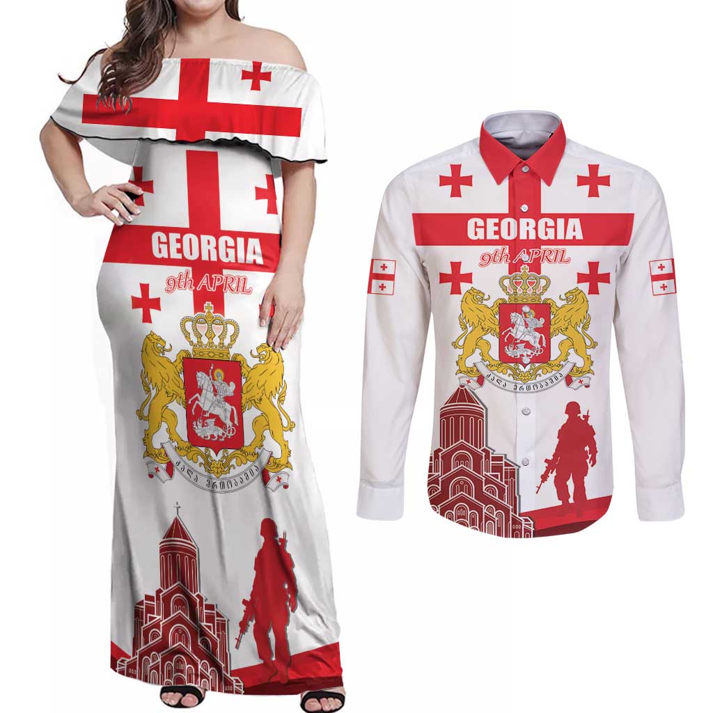 Personalized Georgia National Unity Day Couples Matching Off Shoulder Maxi Dress and Long Sleeve Button Shirt 9th April with Coat of Arms and Flag