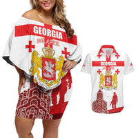 Personalized Georgia National Unity Day Couples Matching Off Shoulder Short Dress and Hawaiian Shirt 9th April with Coat of Arms and Flag