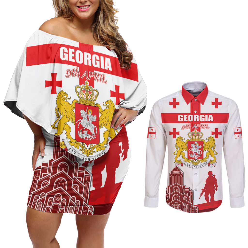 Personalized Georgia National Unity Day Couples Matching Off Shoulder Short Dress and Long Sleeve Button Shirt 9th April with Coat of Arms and Flag