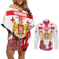 Personalized Georgia National Unity Day Couples Matching Off Shoulder Short Dress and Long Sleeve Button Shirt 9th April with Coat of Arms and Flag