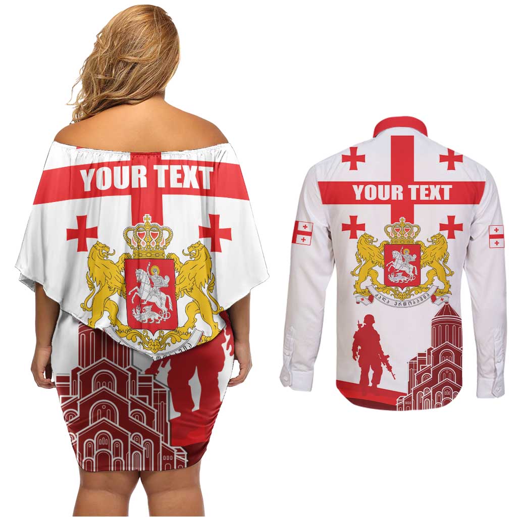 Personalized Georgia National Unity Day Couples Matching Off Shoulder Short Dress and Long Sleeve Button Shirt 9th April with Coat of Arms and Flag