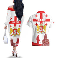 Personalized Georgia National Unity Day Couples Matching Off The Shoulder Long Sleeve Dress and Hawaiian Shirt 9th April with Coat of Arms and Flag