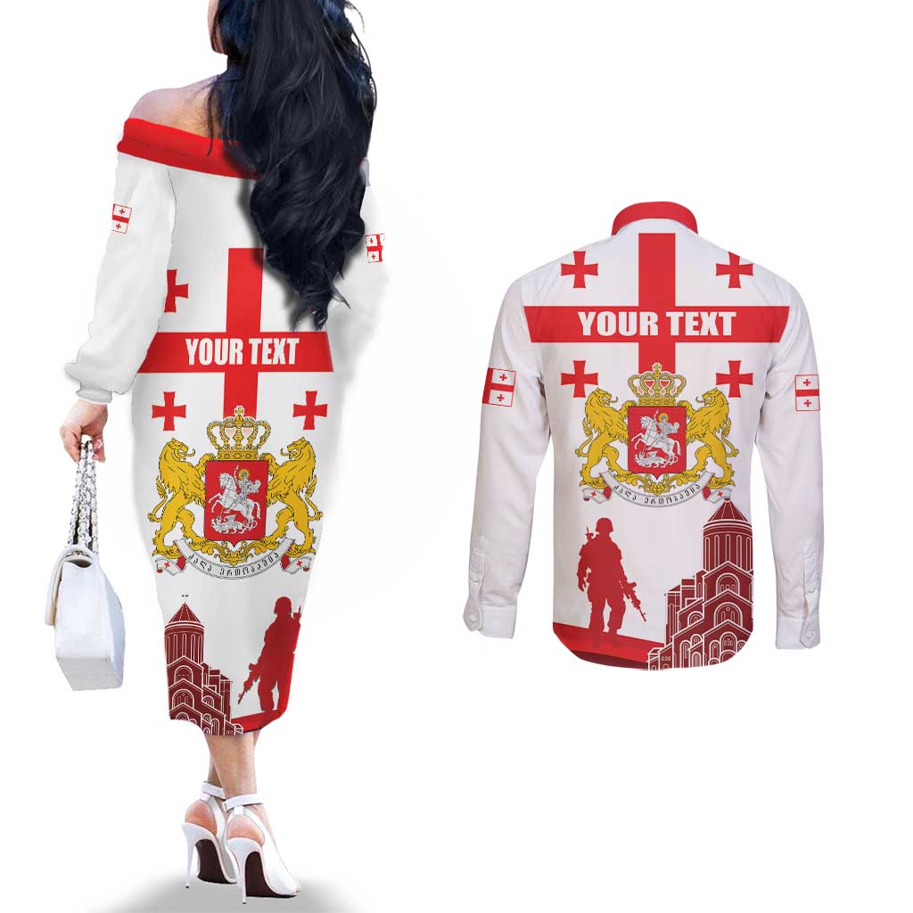 Personalized Georgia National Unity Day Couples Matching Off The Shoulder Long Sleeve Dress and Long Sleeve Button Shirt 9th April with Coat of Arms and Flag