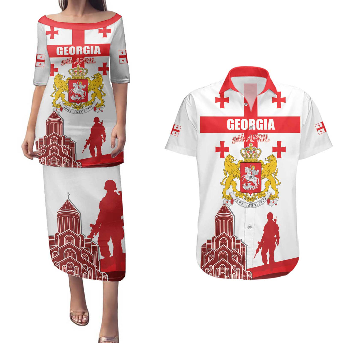 Personalized Georgia National Unity Day Couples Matching Puletasi and Hawaiian Shirt 9th April with Coat of Arms and Flag