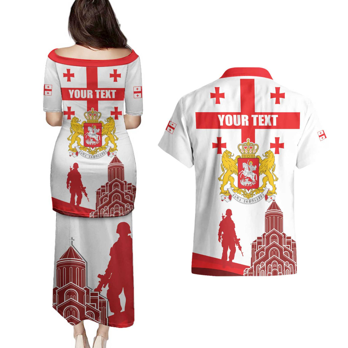 Personalized Georgia National Unity Day Couples Matching Puletasi and Hawaiian Shirt 9th April with Coat of Arms and Flag
