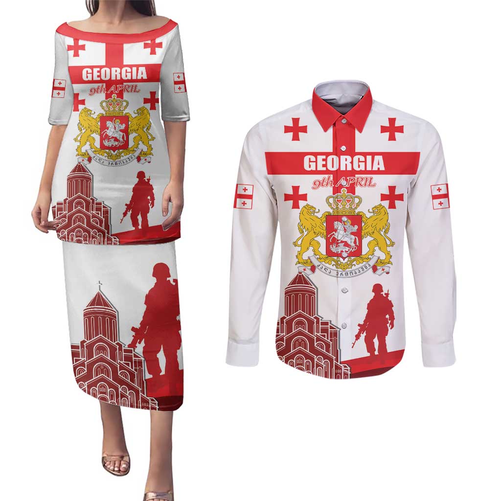 Personalized Georgia National Unity Day Couples Matching Puletasi and Long Sleeve Button Shirt 9th April with Coat of Arms and Flag