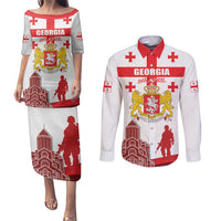 Personalized Georgia National Unity Day Couples Matching Puletasi and Long Sleeve Button Shirt 9th April with Coat of Arms and Flag