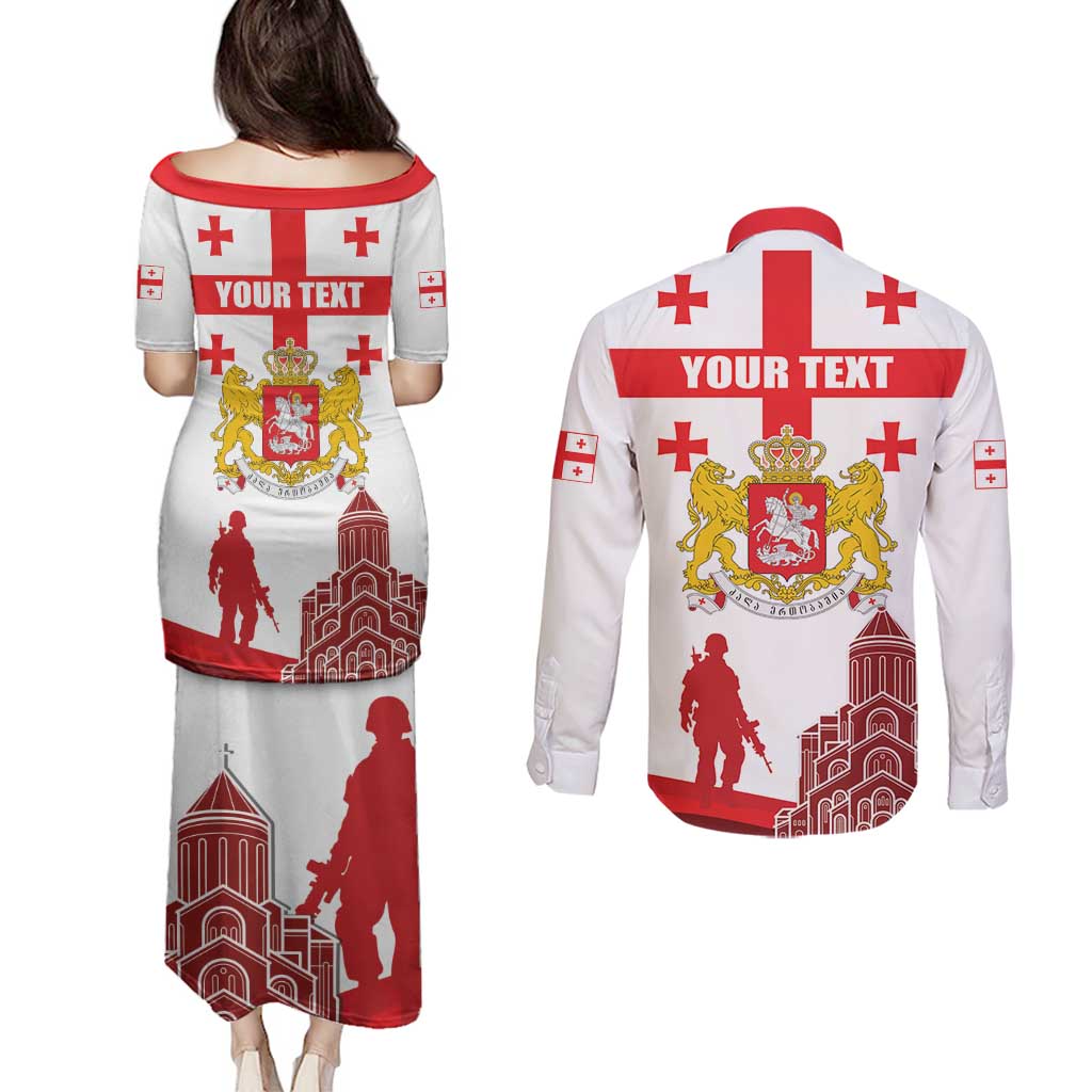 Personalized Georgia National Unity Day Couples Matching Puletasi and Long Sleeve Button Shirt 9th April with Coat of Arms and Flag