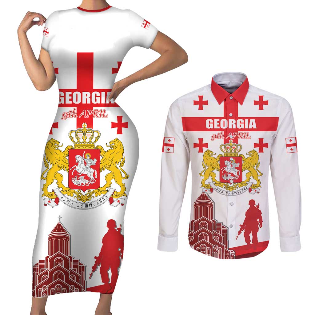 Personalized Georgia National Unity Day Couples Matching Short Sleeve Bodycon Dress and Long Sleeve Button Shirt 9th April with Coat of Arms and Flag