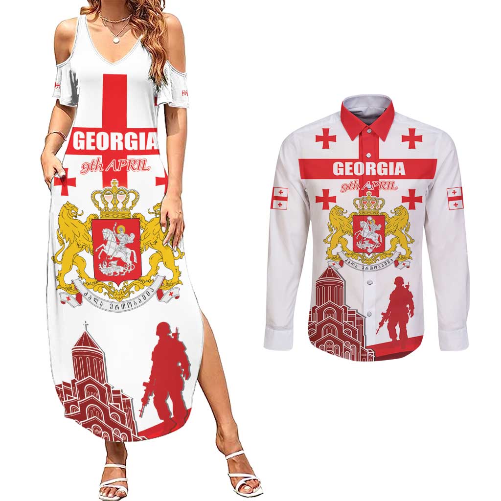 Personalized Georgia National Unity Day Couples Matching Summer Maxi Dress and Long Sleeve Button Shirt 9th April with Coat of Arms and Flag