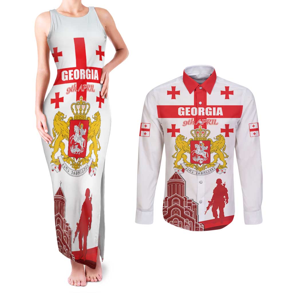 Personalized Georgia National Unity Day Couples Matching Tank Maxi Dress and Long Sleeve Button Shirt 9th April with Coat of Arms and Flag