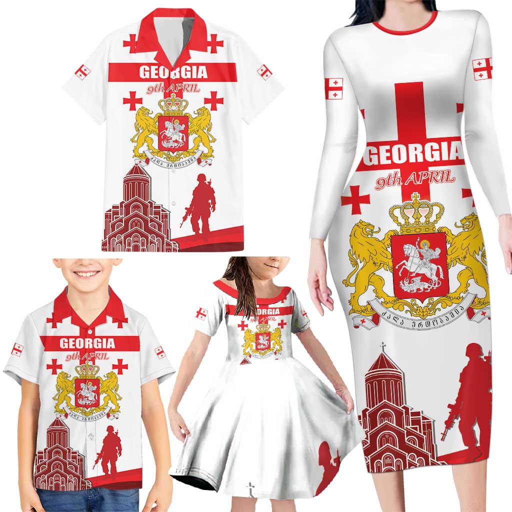 Personalized Georgia National Unity Day Family Matching Long Sleeve Bodycon Dress and Hawaiian Shirt 9th April with Coat of Arms and Flag