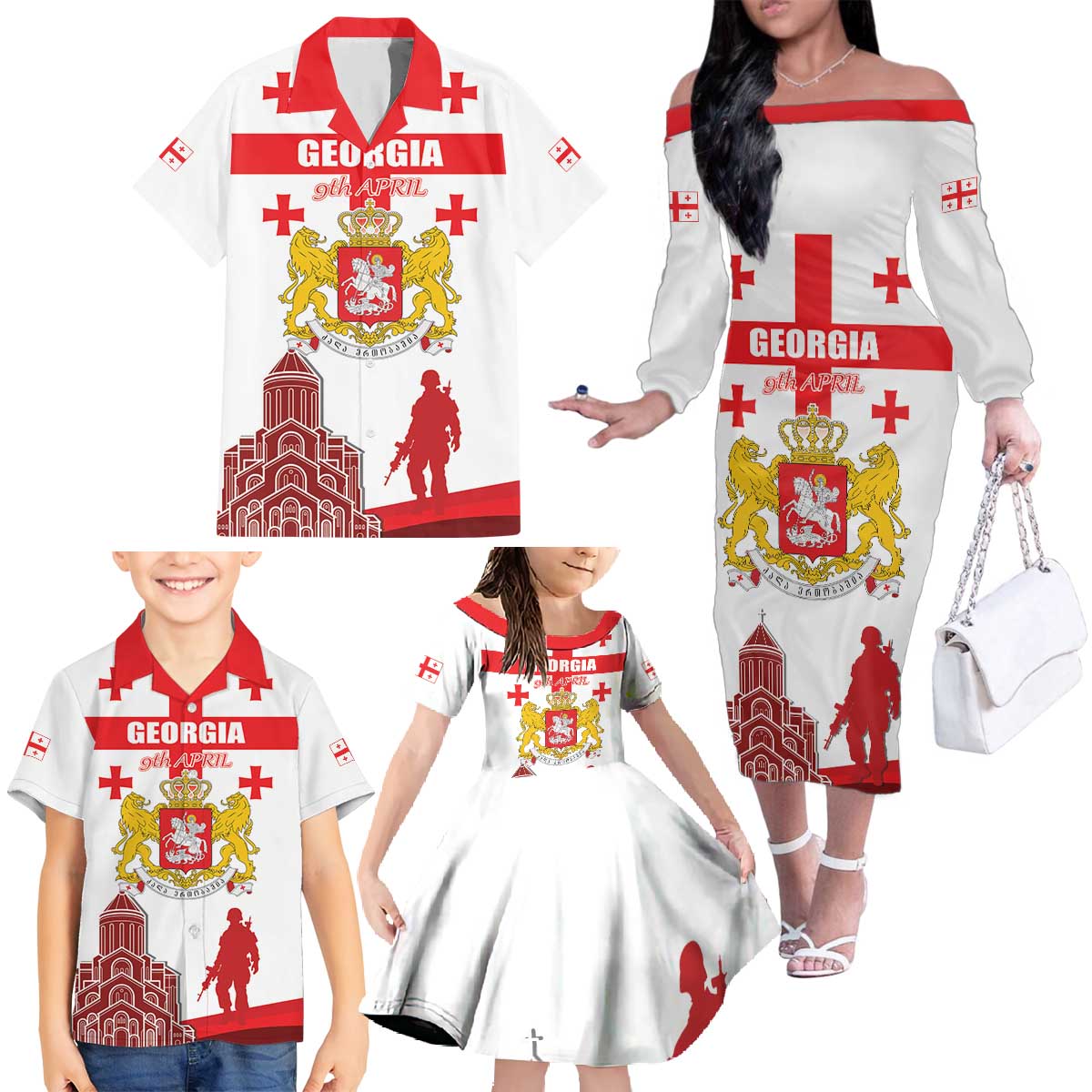 Personalized Georgia National Unity Day Family Matching Off The Shoulder Long Sleeve Dress and Hawaiian Shirt 9th April with Coat of Arms and Flag