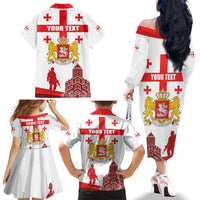 Personalized Georgia National Unity Day Family Matching Off The Shoulder Long Sleeve Dress and Hawaiian Shirt 9th April with Coat of Arms and Flag