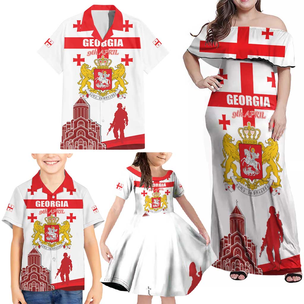 Personalized Georgia National Unity Day Family Matching Off Shoulder Maxi Dress and Hawaiian Shirt 9th April with Coat of Arms and Flag