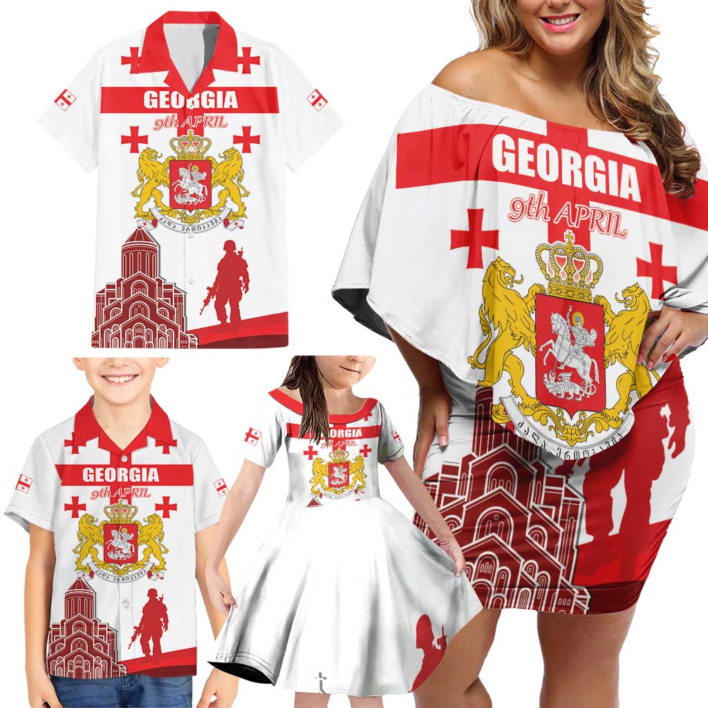 Personalized Georgia National Unity Day Family Matching Off Shoulder Short Dress and Hawaiian Shirt 9th April with Coat of Arms and Flag