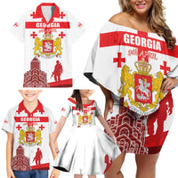 Personalized Georgia National Unity Day Family Matching Off Shoulder Short Dress and Hawaiian Shirt 9th April with Coat of Arms and Flag