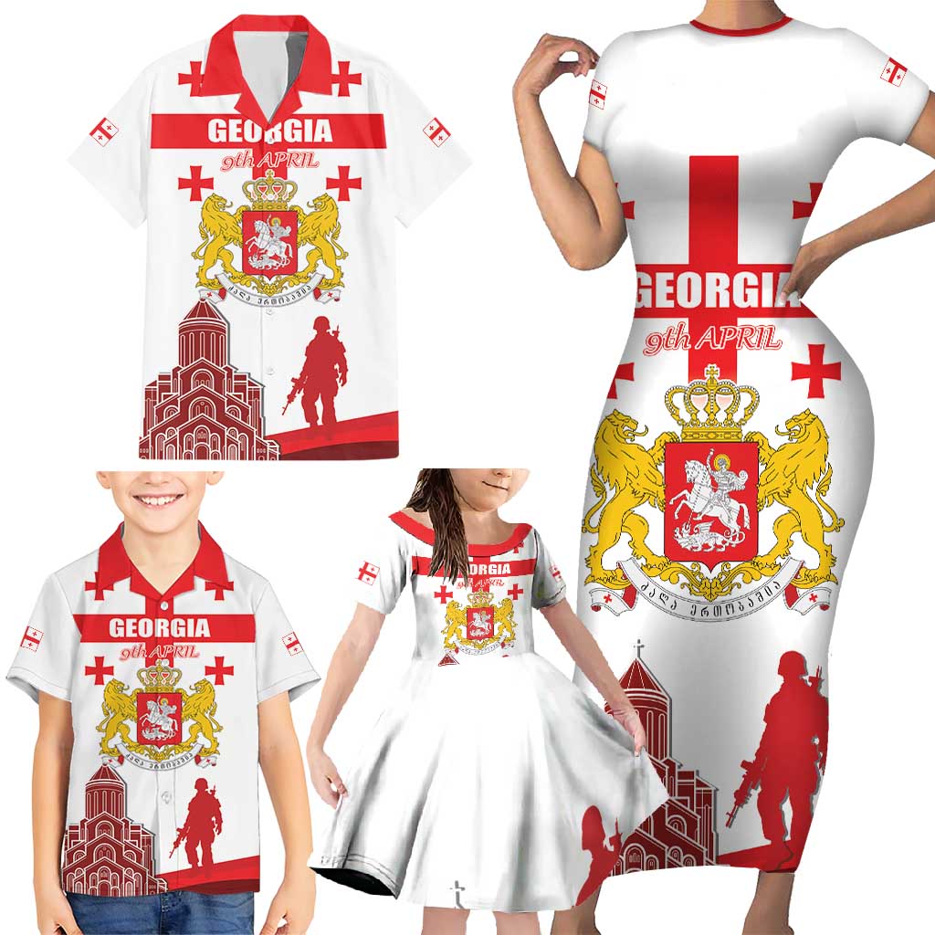 Personalized Georgia National Unity Day Family Matching Short Sleeve Bodycon Dress and Hawaiian Shirt 9th April with Coat of Arms and Flag