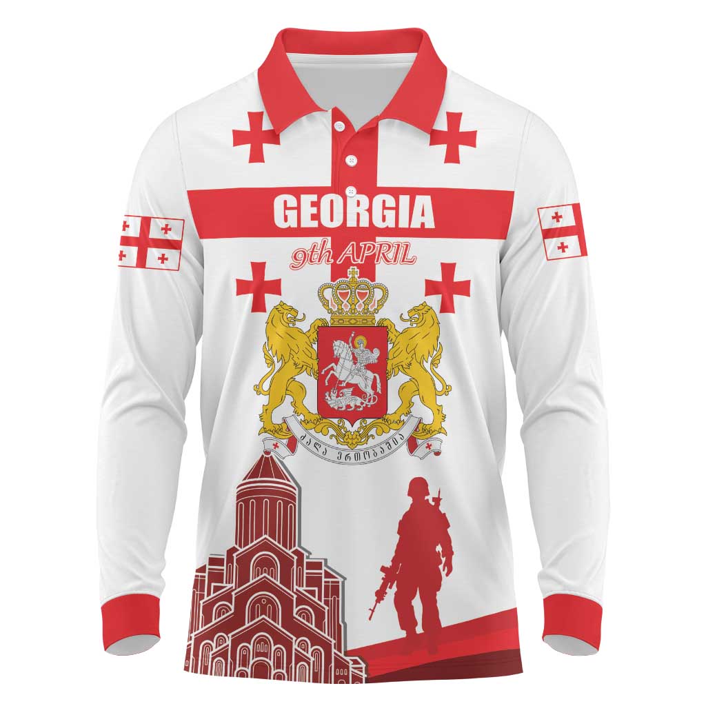 Personalized Georgia National Unity Day Long Sleeve Polo Shirt 9th April with Coat of Arms and Flag