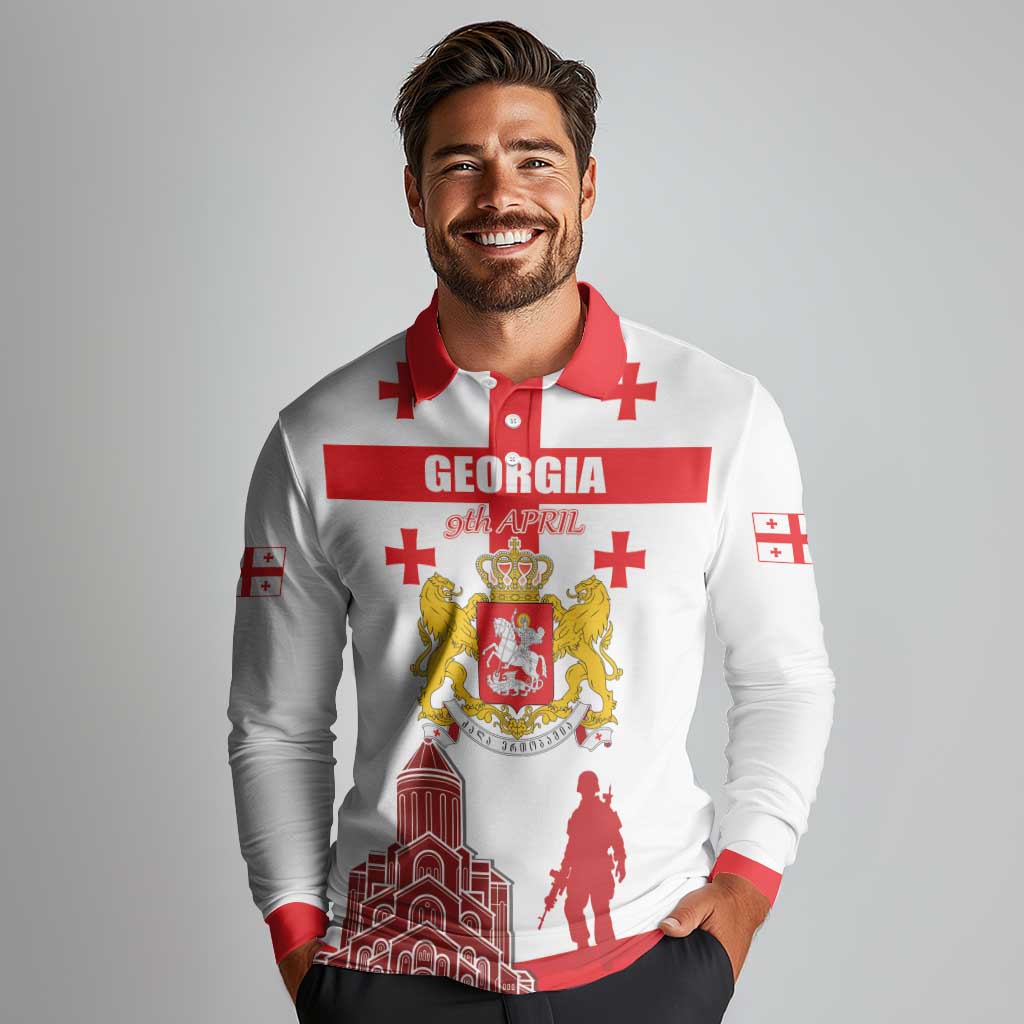 Personalized Georgia National Unity Day Long Sleeve Polo Shirt 9th April with Coat of Arms and Flag