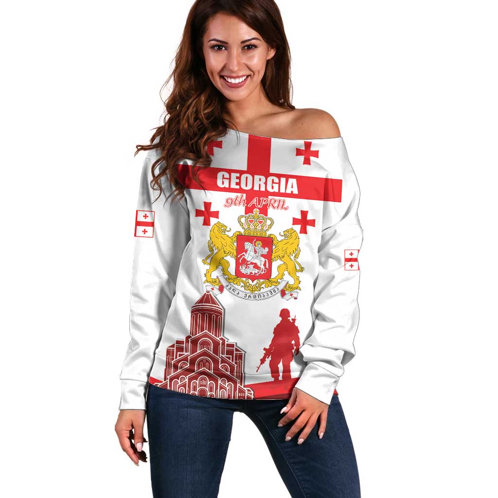 Personalized Georgia National Unity Day Off Shoulder Sweater 9th April with Coat of Arms and Flag