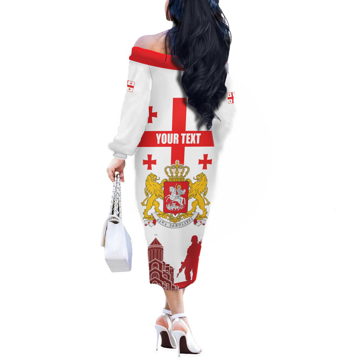 Personalized Georgia National Unity Day Off The Shoulder Long Sleeve Dress 9th April with Coat of Arms and Flag