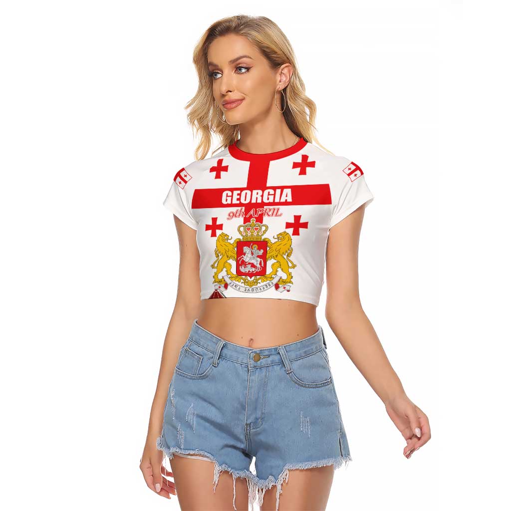 Personalized Georgia National Unity Day Raglan Cropped T Shirt 9th April with Coat of Arms and Flag