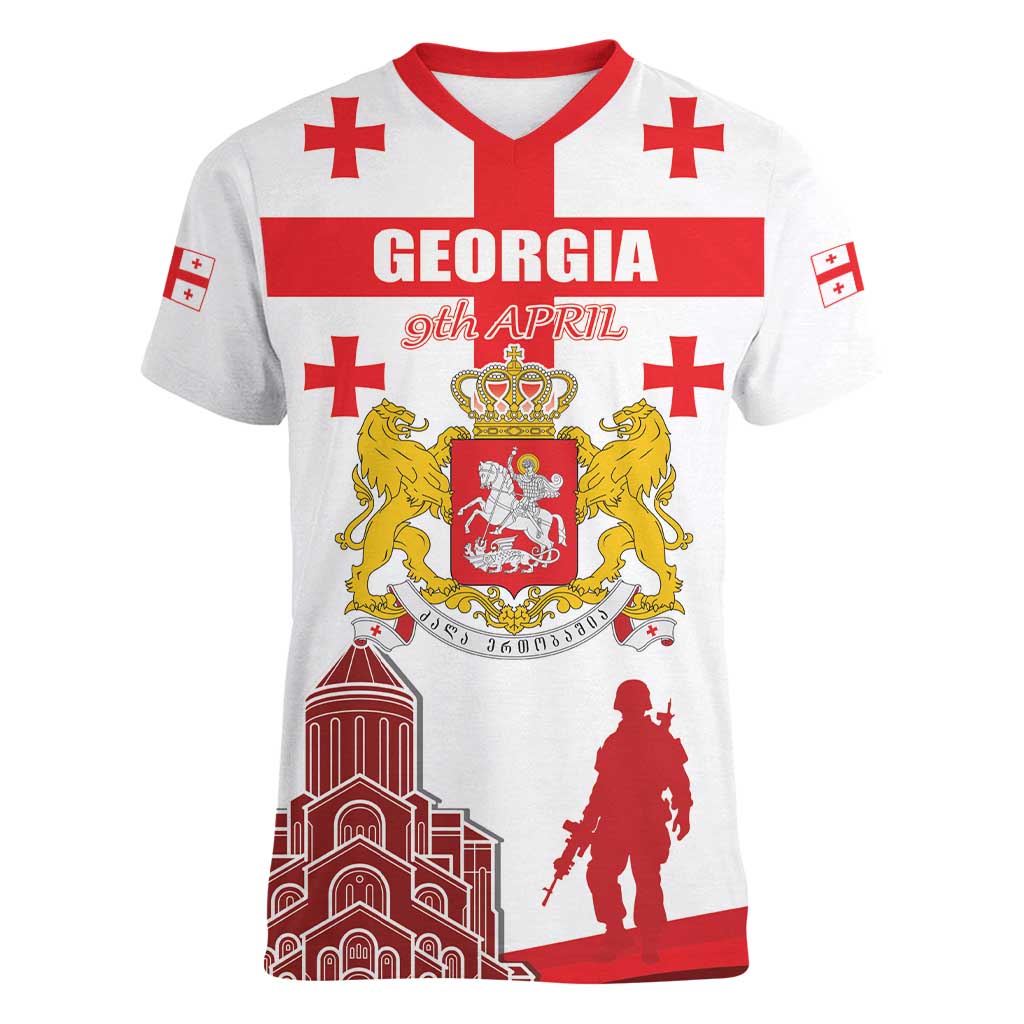 Personalized Georgia National Unity Day Women V-Neck T-Shirt 9th April with Coat of Arms and Flag