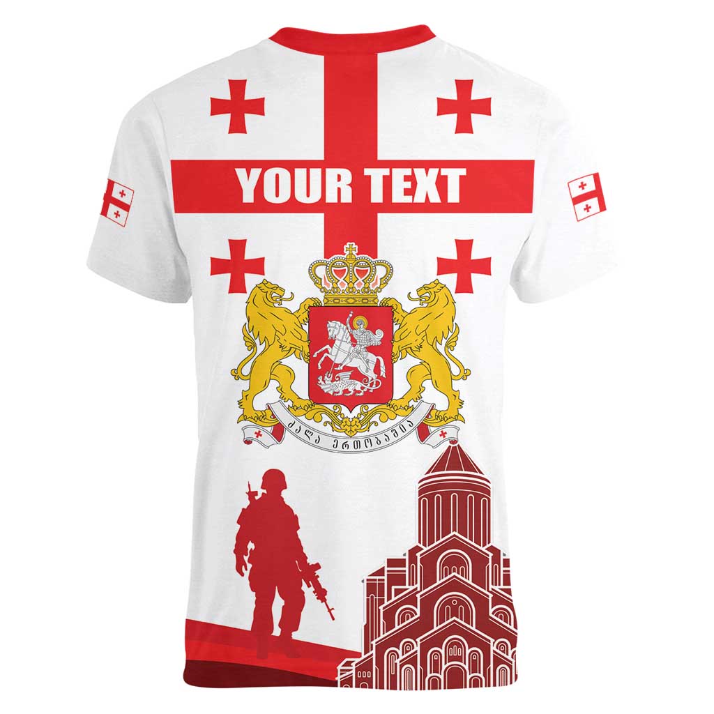 Personalized Georgia National Unity Day Women V-Neck T-Shirt 9th April with Coat of Arms and Flag