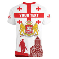 Personalized Georgia National Unity Day Women V-Neck T-Shirt 9th April with Coat of Arms and Flag