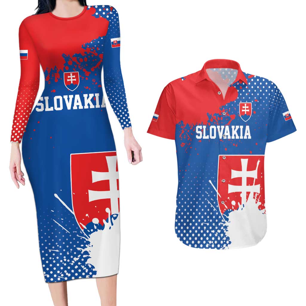 Personalized Slovakia Coat of Arms Couples Matching Long Sleeve Bodycon Dress and Hawaiian Shirt Map Flag Style