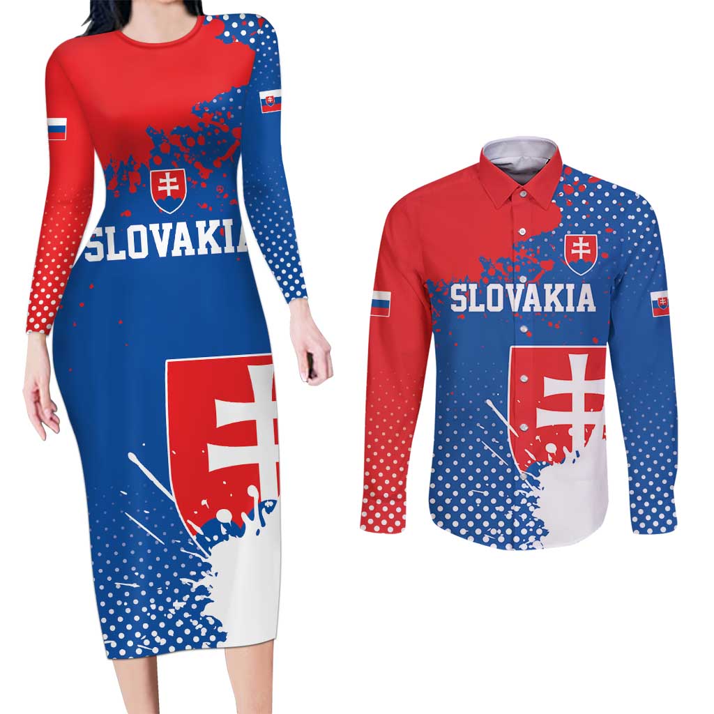 Personalized Slovakia Coat of Arms Couples Matching Long Sleeve Bodycon Dress and Long Sleeve Button Shirt Map Flag Style