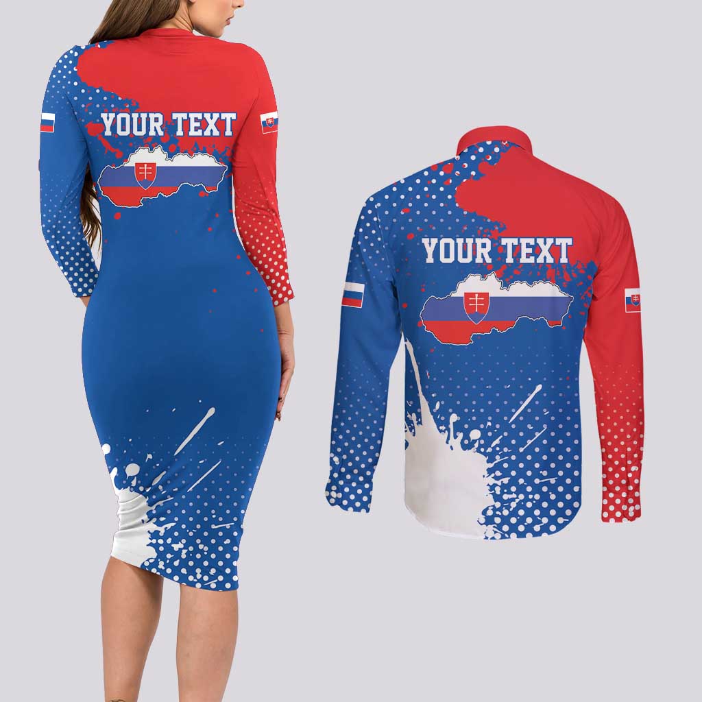 Personalized Slovakia Coat of Arms Couples Matching Long Sleeve Bodycon Dress and Long Sleeve Button Shirt Map Flag Style