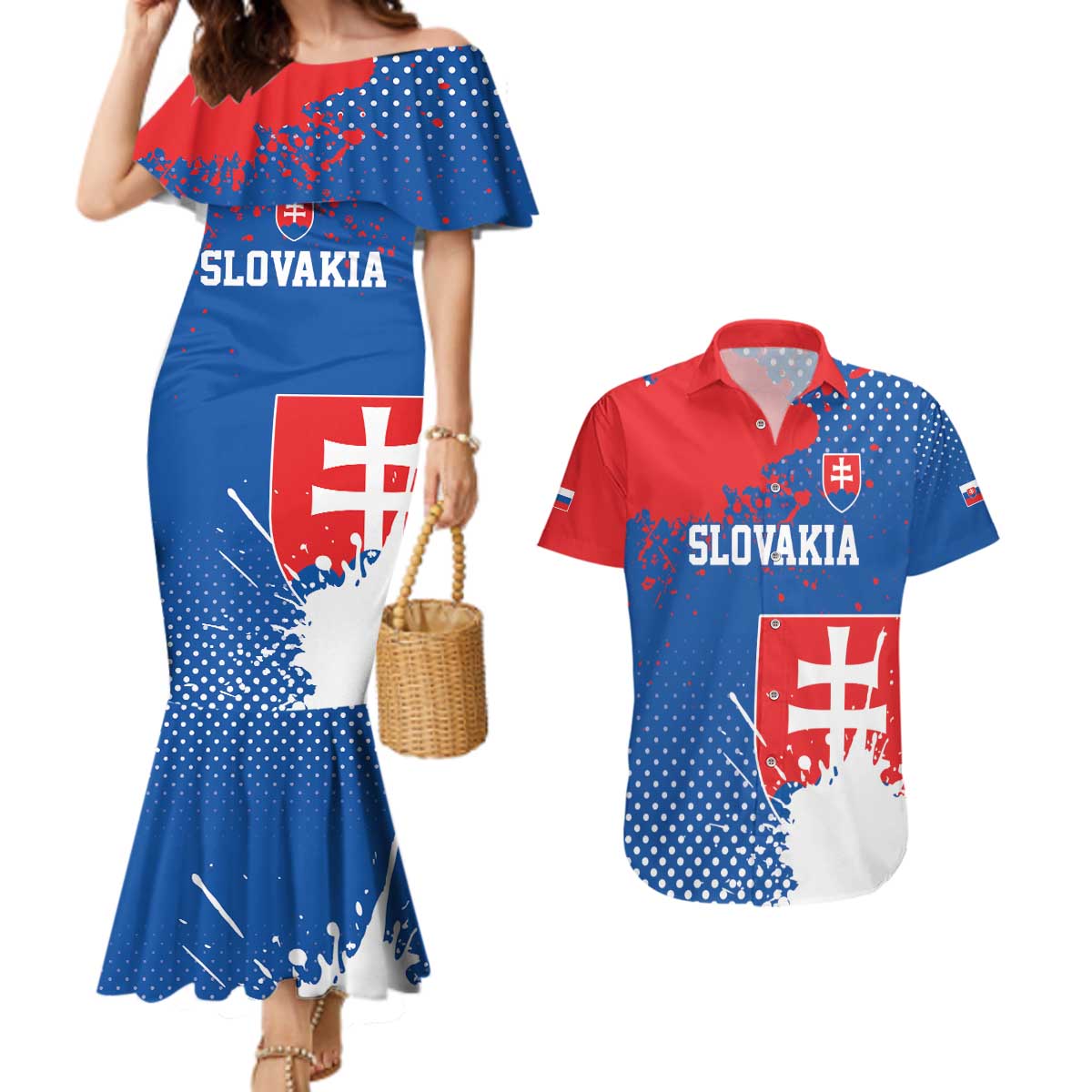 Personalized Slovakia Coat of Arms Couples Matching Mermaid Dress and Hawaiian Shirt Map Flag Style