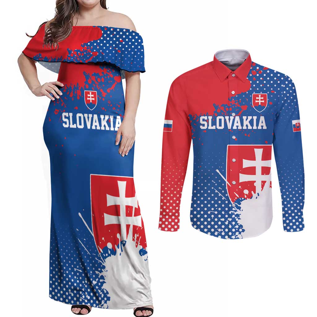 Personalized Slovakia Coat of Arms Couples Matching Off Shoulder Maxi Dress and Long Sleeve Button Shirt Map Flag Style