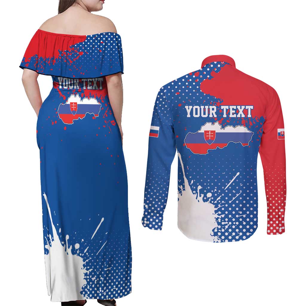 Personalized Slovakia Coat of Arms Couples Matching Off Shoulder Maxi Dress and Long Sleeve Button Shirt Map Flag Style