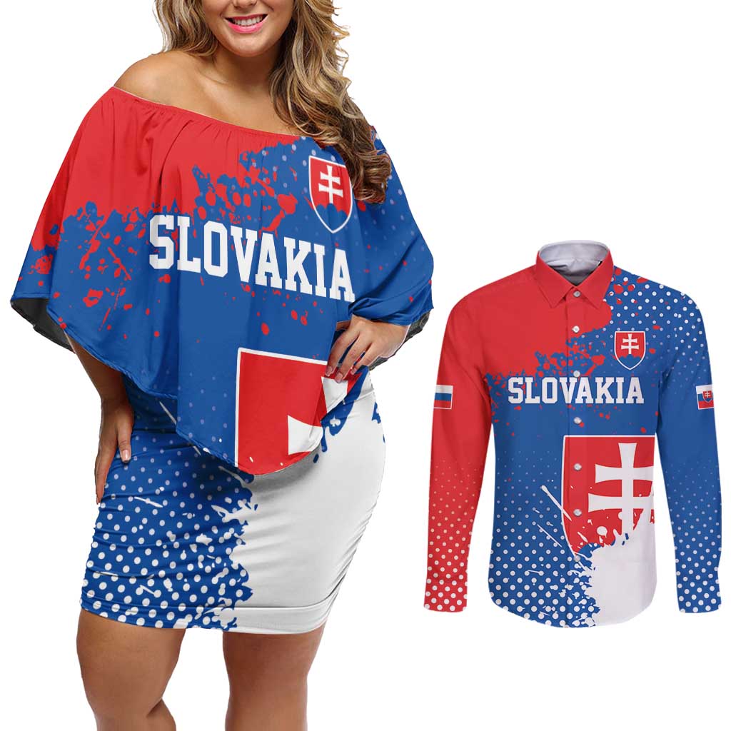 Personalized Slovakia Coat of Arms Couples Matching Off Shoulder Short Dress and Long Sleeve Button Shirt Map Flag Style