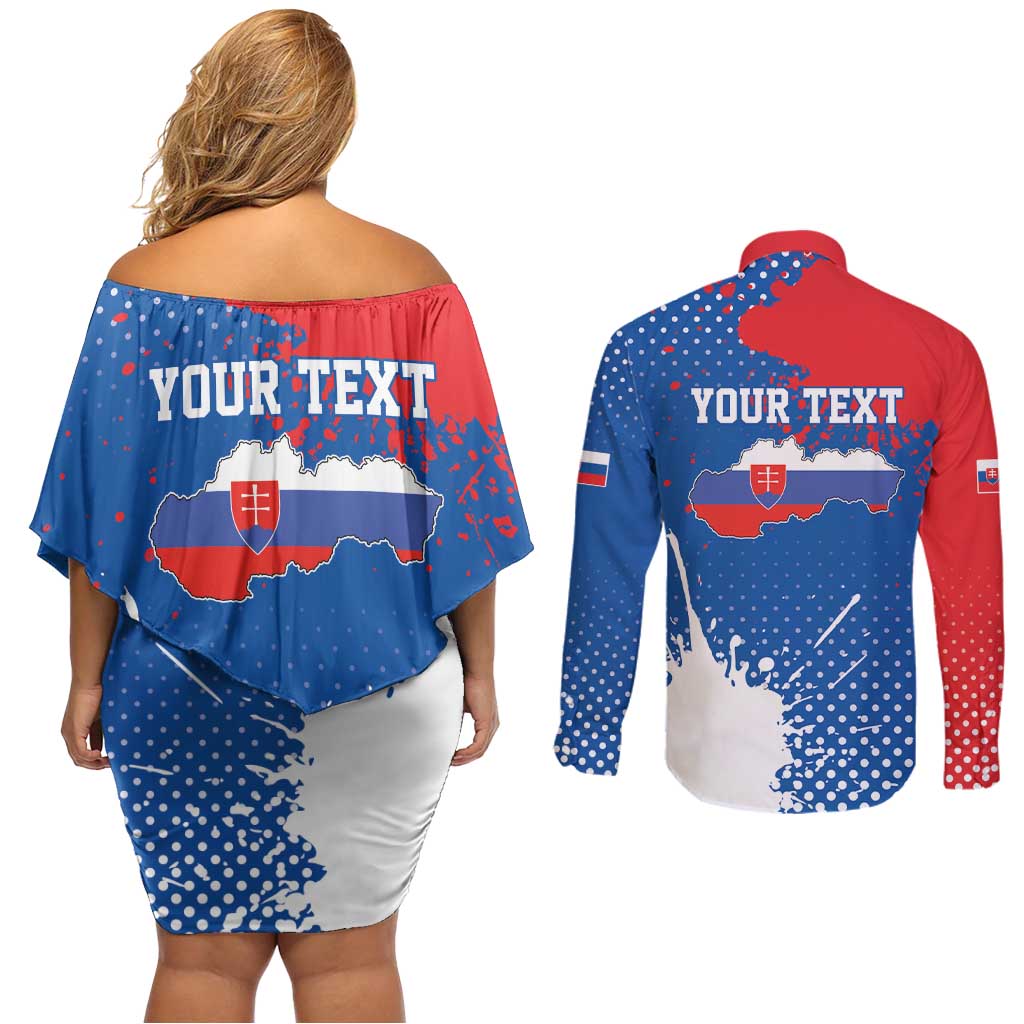 Personalized Slovakia Coat of Arms Couples Matching Off Shoulder Short Dress and Long Sleeve Button Shirt Map Flag Style