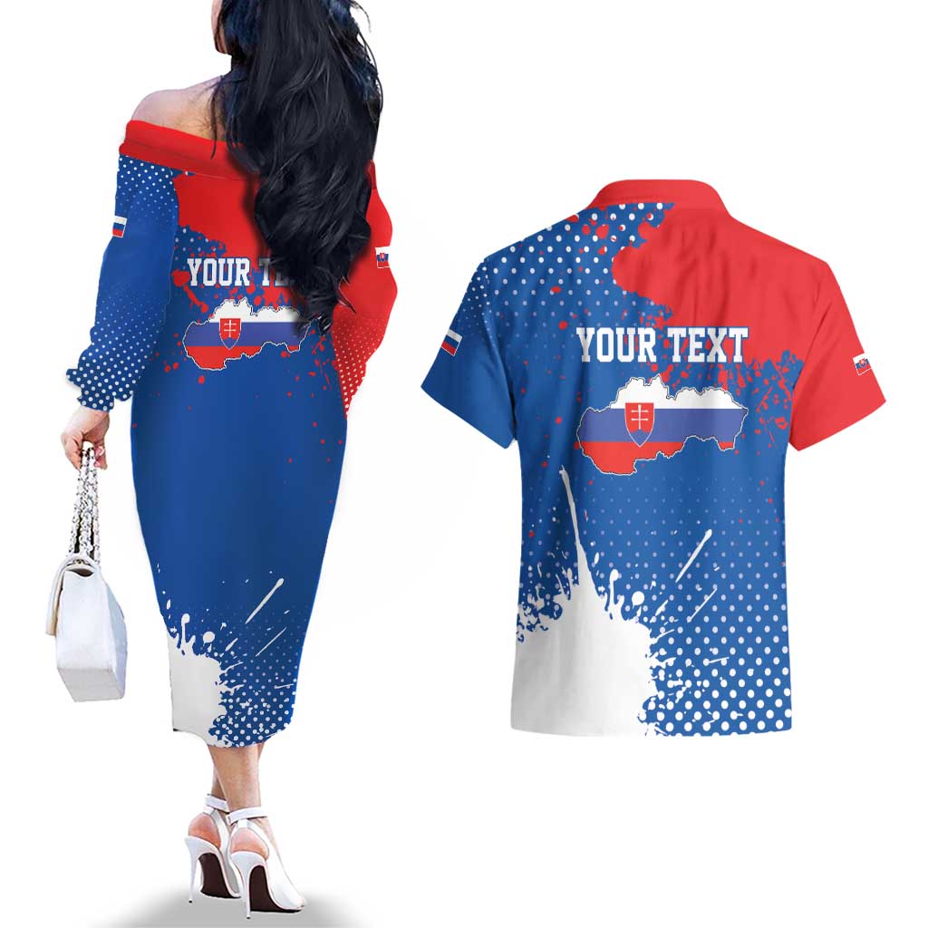 Personalized Slovakia Coat of Arms Couples Matching Off The Shoulder Long Sleeve Dress and Hawaiian Shirt Map Flag Style