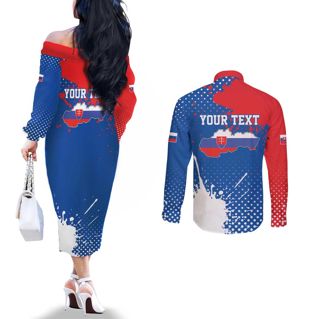 Personalized Slovakia Coat of Arms Couples Matching Off The Shoulder Long Sleeve Dress and Long Sleeve Button Shirt Map Flag Style