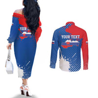 Personalized Slovakia Coat of Arms Couples Matching Off The Shoulder Long Sleeve Dress and Long Sleeve Button Shirt Map Flag Style