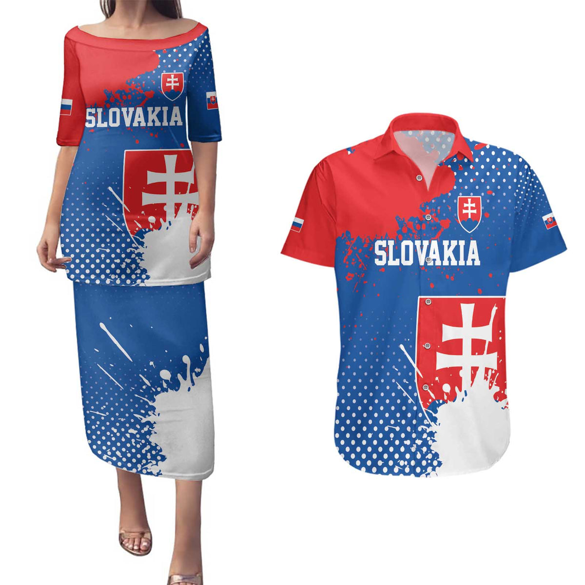 Personalized Slovakia Coat of Arms Couples Matching Puletasi and Hawaiian Shirt Map Flag Style