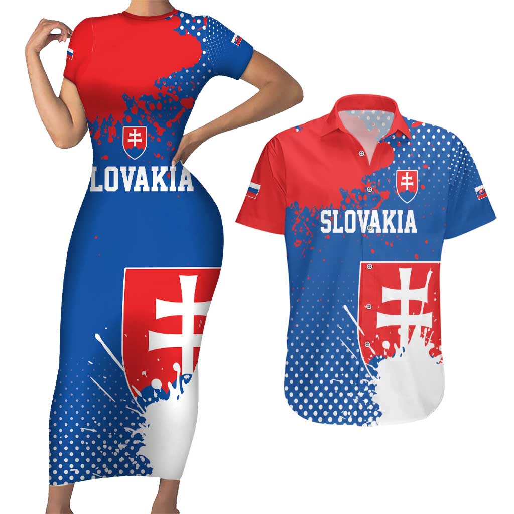 Personalized Slovakia Coat of Arms Couples Matching Short Sleeve Bodycon Dress and Hawaiian Shirt Map Flag Style