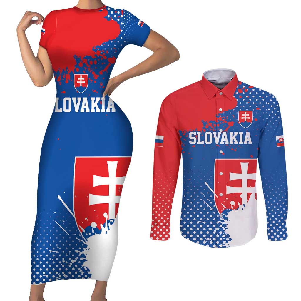 Personalized Slovakia Coat of Arms Couples Matching Short Sleeve Bodycon Dress and Long Sleeve Button Shirt Map Flag Style