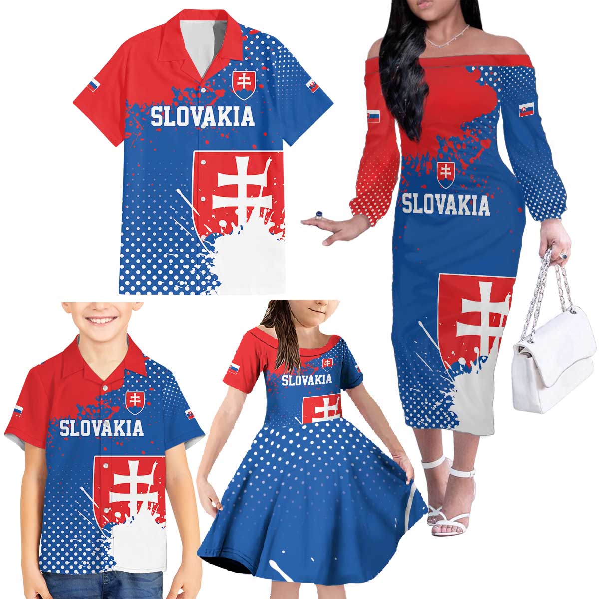 Personalized Slovakia Coat of Arms Family Matching Off The Shoulder Long Sleeve Dress and Hawaiian Shirt Map Flag Style